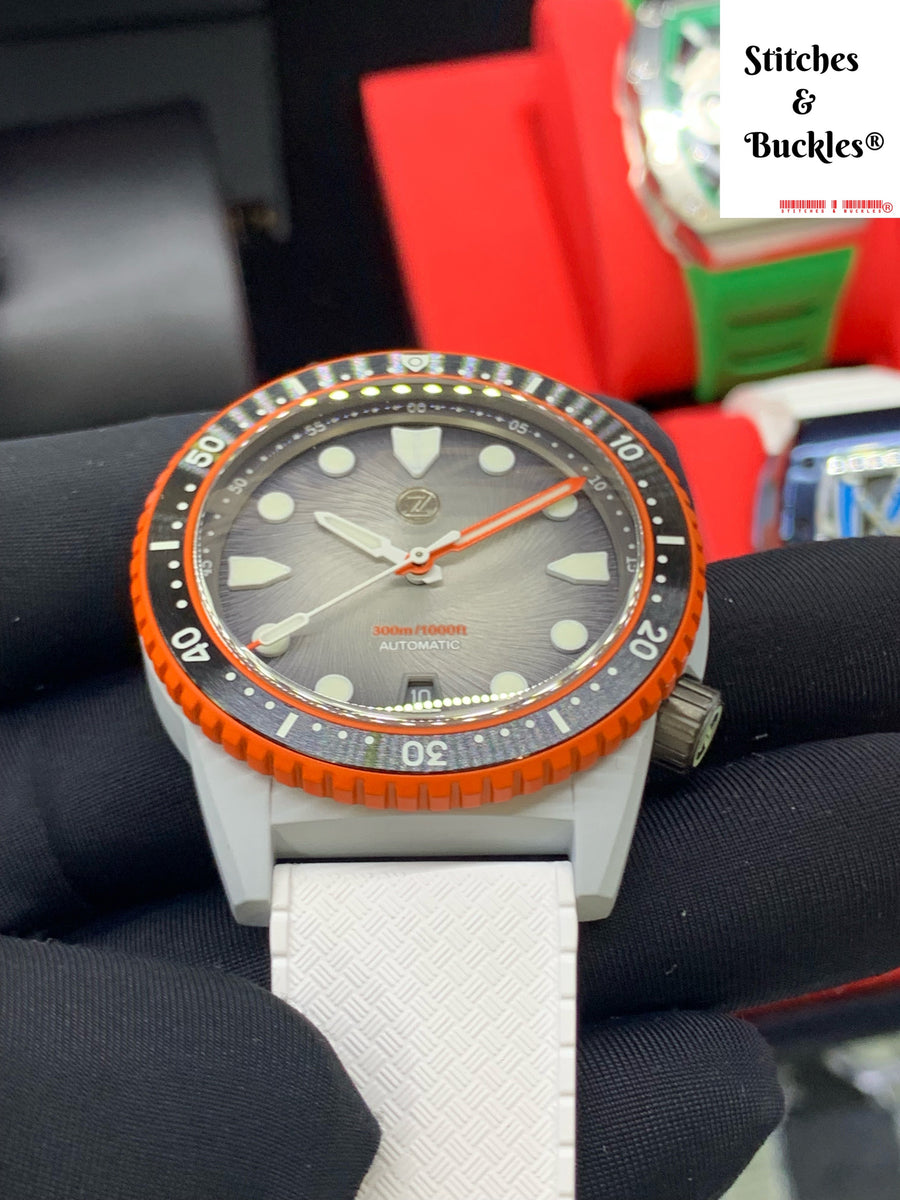 Zelos MAKO 300M DIVER 'SOLAR FLARE' – Stitches and Buckles Zelos MAKO 300M DIVER 'SOLAR FLARE' – Stitches and Buckles