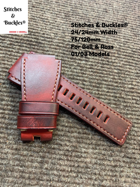 24/24mm Handmade Red Calf Leather Strap For Bell & Ross 01/03 Models