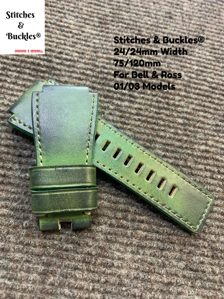 24/24mm Handmade Green Calf Leather Strap For Bell & Ross 01/03 Models