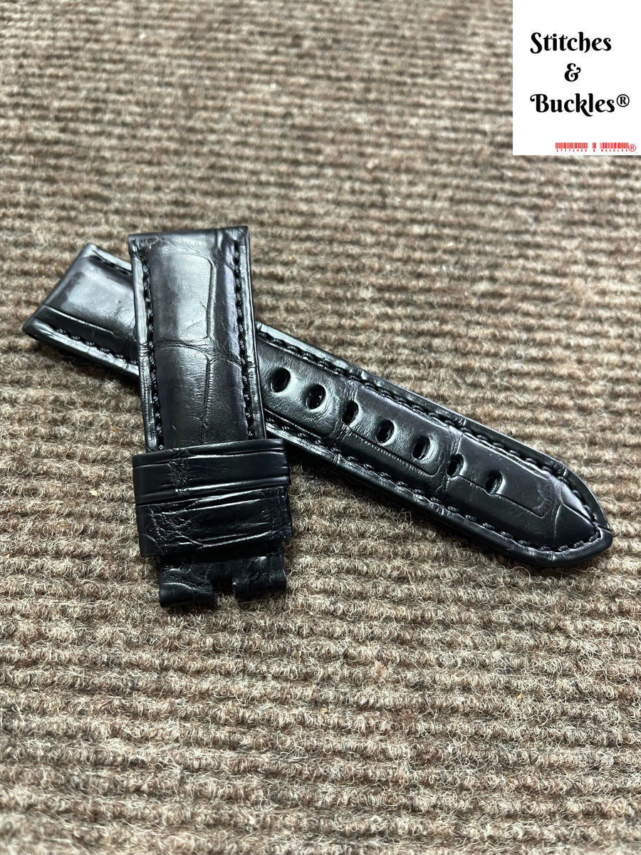 24 22mm Handmade Black Alligator Strap for Panerai 44mm Models