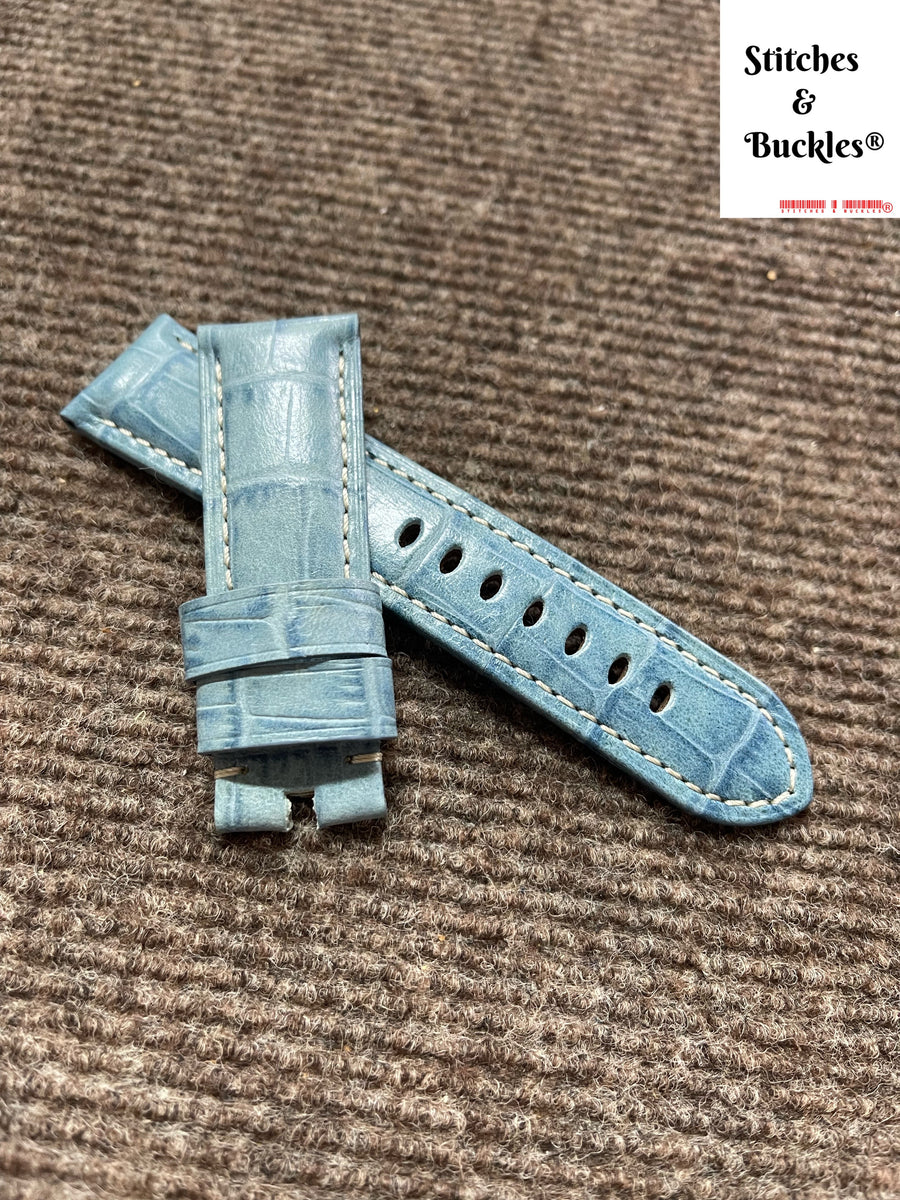 24/22mm Sky Blue Alligator Embossed Calf Leather Strap for Panerai