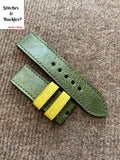 26/26mm Handmade Genuine Green Toad Leather Strap with Yellow Alligator Keepers