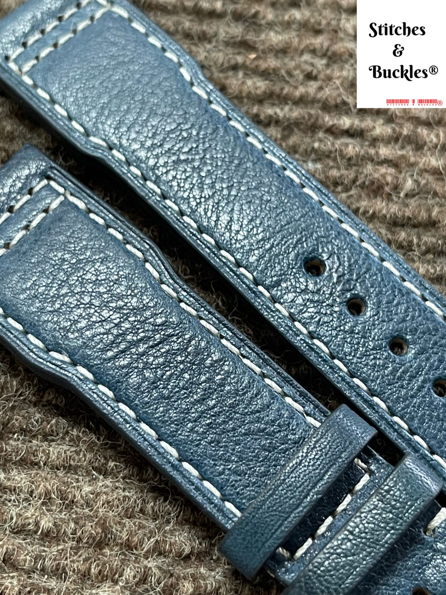 20/18mm Blue Calf Leather Strap Stitches and Buckles