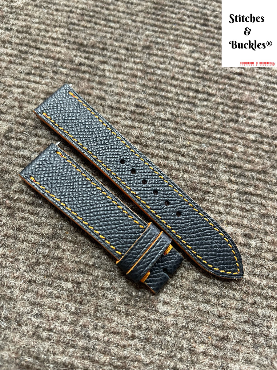 20/18mm Custom Handmade Black Epsom Leather Strap with Orange Theme Li Stitches and Buckles