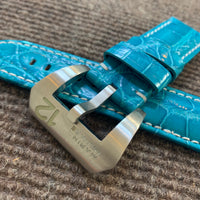 26/24mm Handmade Genuine Aquamarine Blue Alligator Strap With Lume Buckle