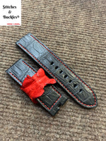 24/24mm Customized Black Alligator with Red Stitching and Red Hornback Keeper