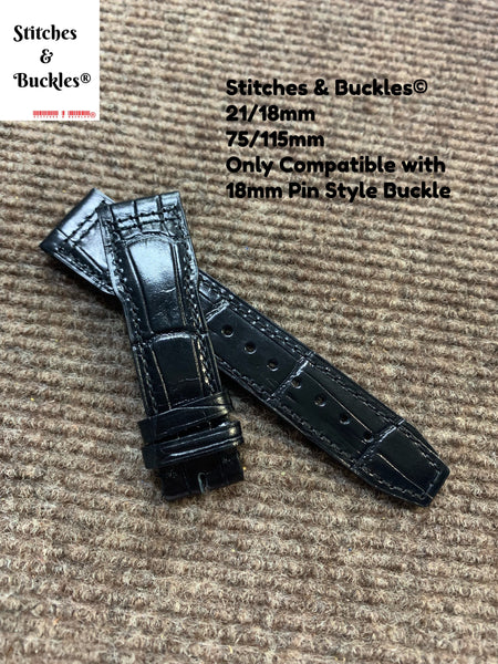 21/18mm Black Alligator Embossed Calf Leather Strap for IWC 3717/3777 Pilot Chronograph Models