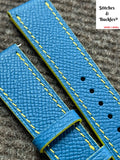 20/18mm Custom Handmade Blue Epsom Leather Strap with Yellow Theme Lining/Stitching