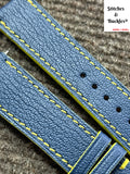 20/18mm Custom Handmade Blue Alran Leather Strap with Yellow Theme Lining/Stitching