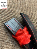 24/24mm Customized Black Alligator with Red Stitching and Red Hornback Keeper