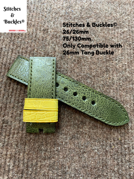 26/26mm Handmade Genuine Green Toad Leather Strap with Yellow Alligator Keepers