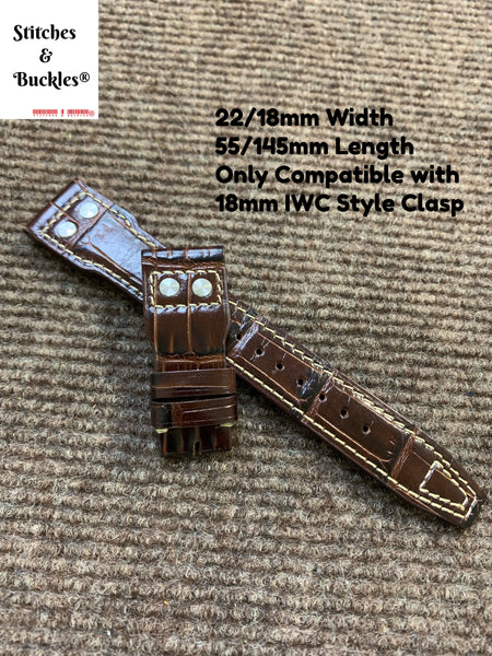 22/18mm Riveted Burgundy Alligator Embossed Calf Leather Watch Strap for IWC Big Pilot Clasp Models